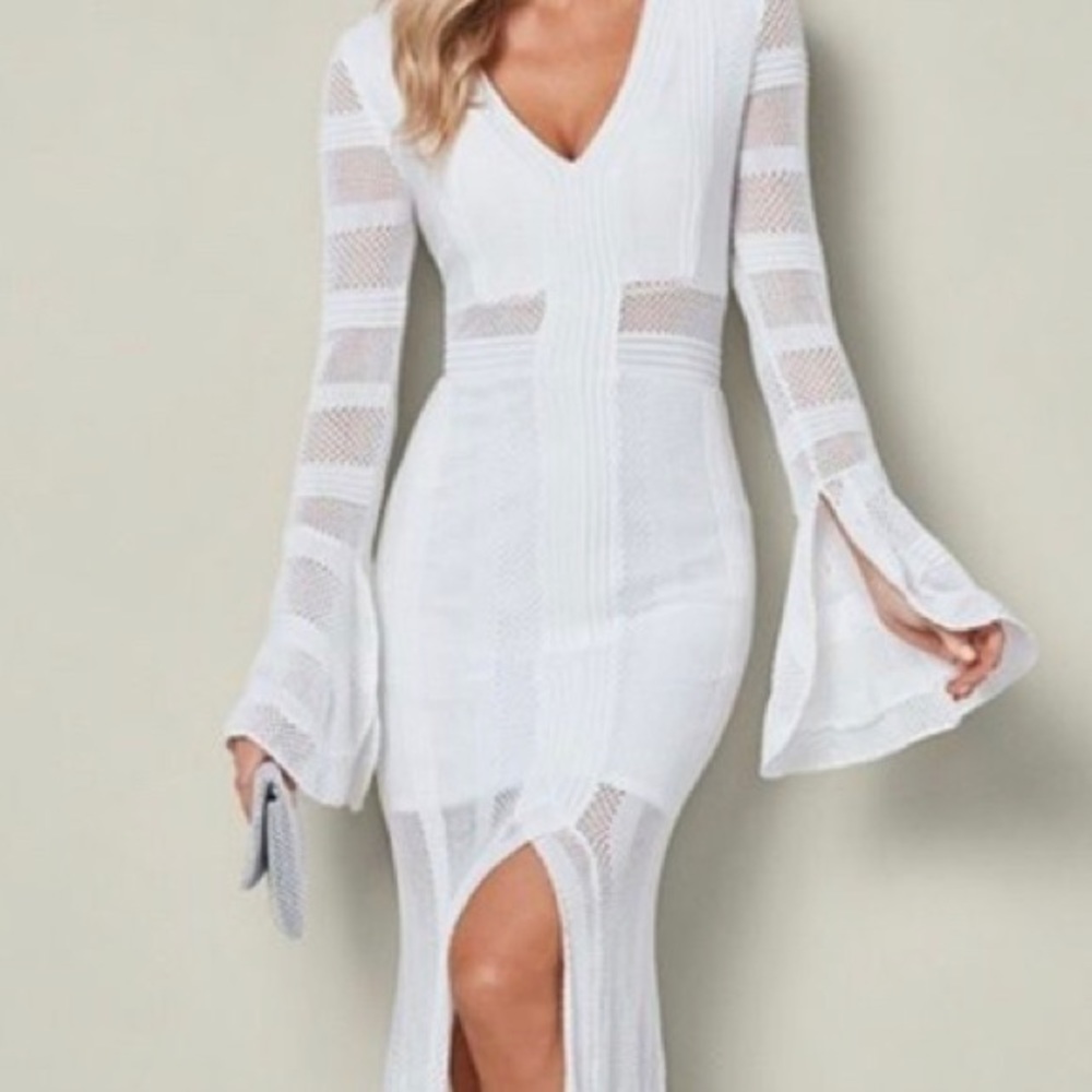 Beautiful White Crochet Knit Lace Style Split Dress Size M Venus